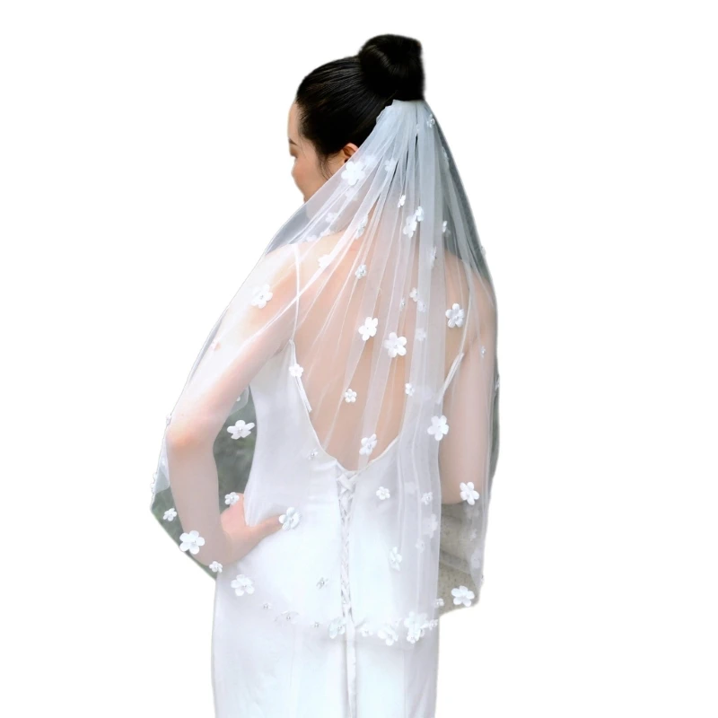 

Bride Veil Studded Pearls Flower Head Covering Wedding Hair Covering White Wedding Veil Headscarf Simple Short Veil