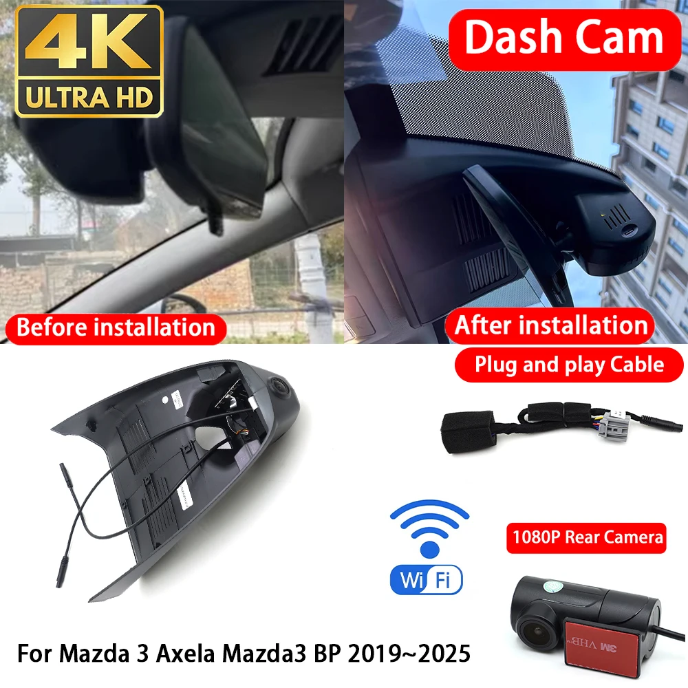 Cámara para Auto Mazda 3 Axela Mazda3 BP 2019~2025, 4K 2160P, Delantera y Trasera, con Wifi, Plug & Play, Grabación en Bucle