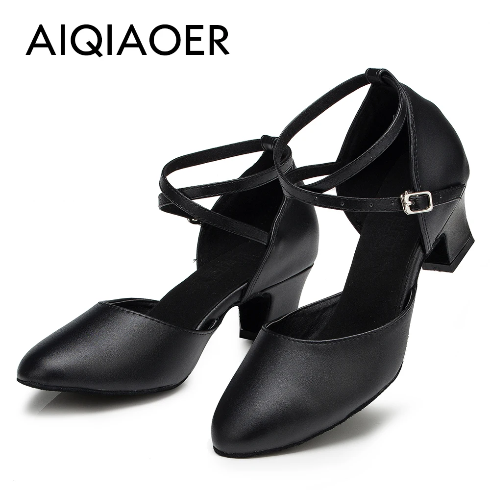 Modern Leather Tango Shoes for Women, Waltz Dance Shoes for Lady, Black Leather, Closed Toe, Social Dance, 5 cm Thick Heel