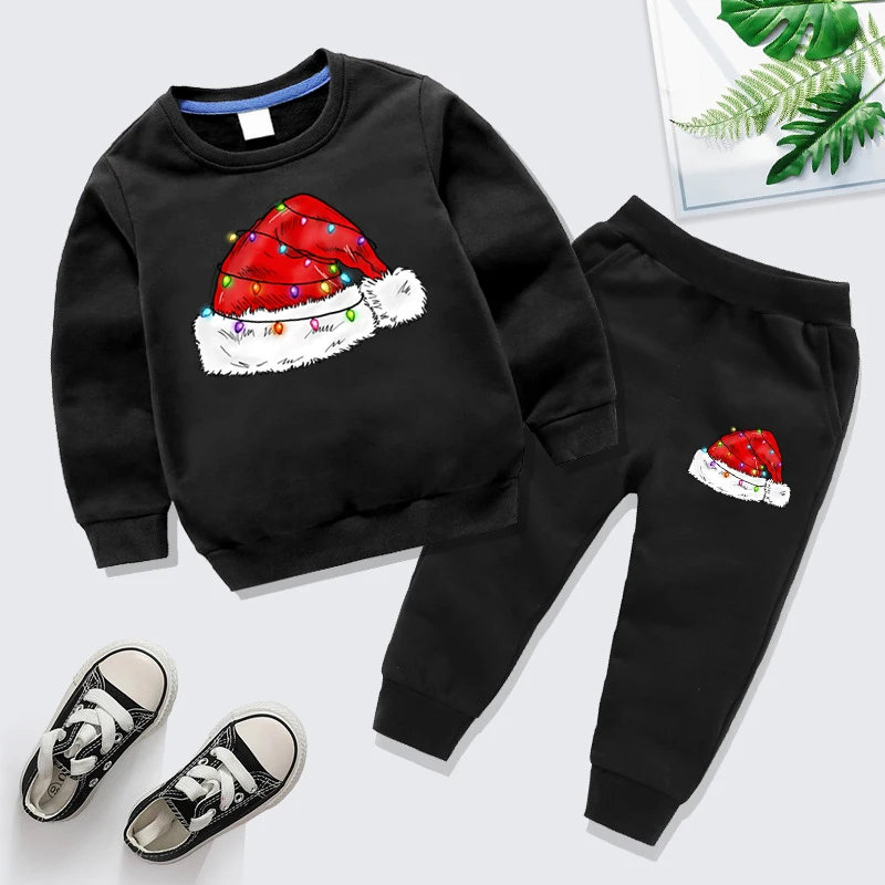 Christmas Hat Graphics 2Pieces Sweatshirt Trousers Suits Round Neck Long Sleeve Merry Christmas Fashion Boys Girls Tracksuit Set