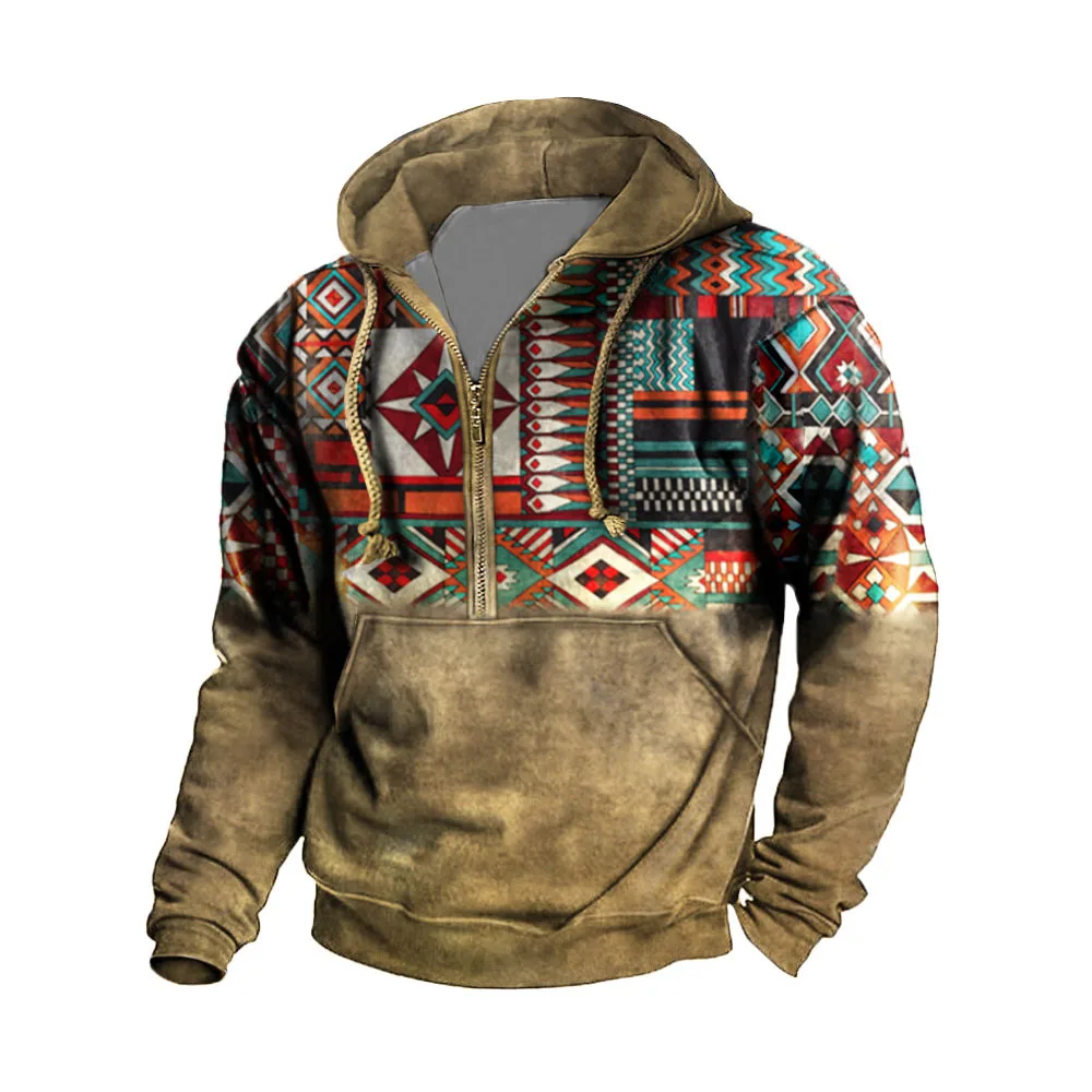 

Western Aztec Hoodies for Men Ethnic Print Graphic Half Zip Pullover Sweatshirts