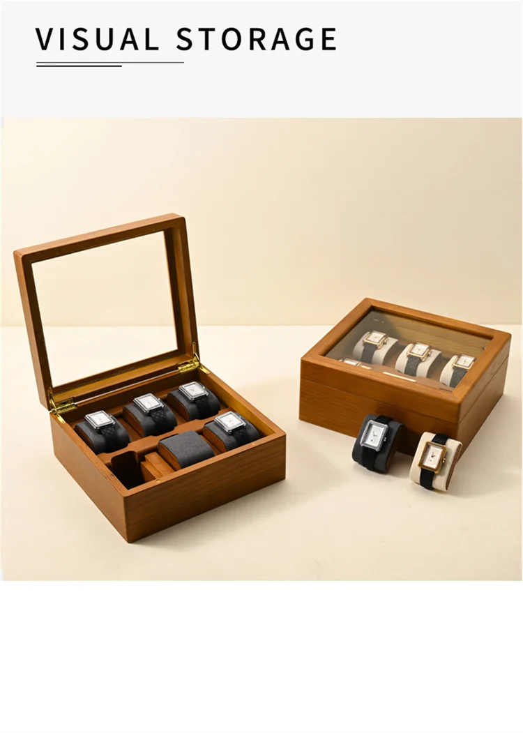 Oirlv Wood Watch Storage Box Delicate Dustproof Glass Cover Watch Box Wristwatch Collection Box Display Storage 6-Gird Watch Box