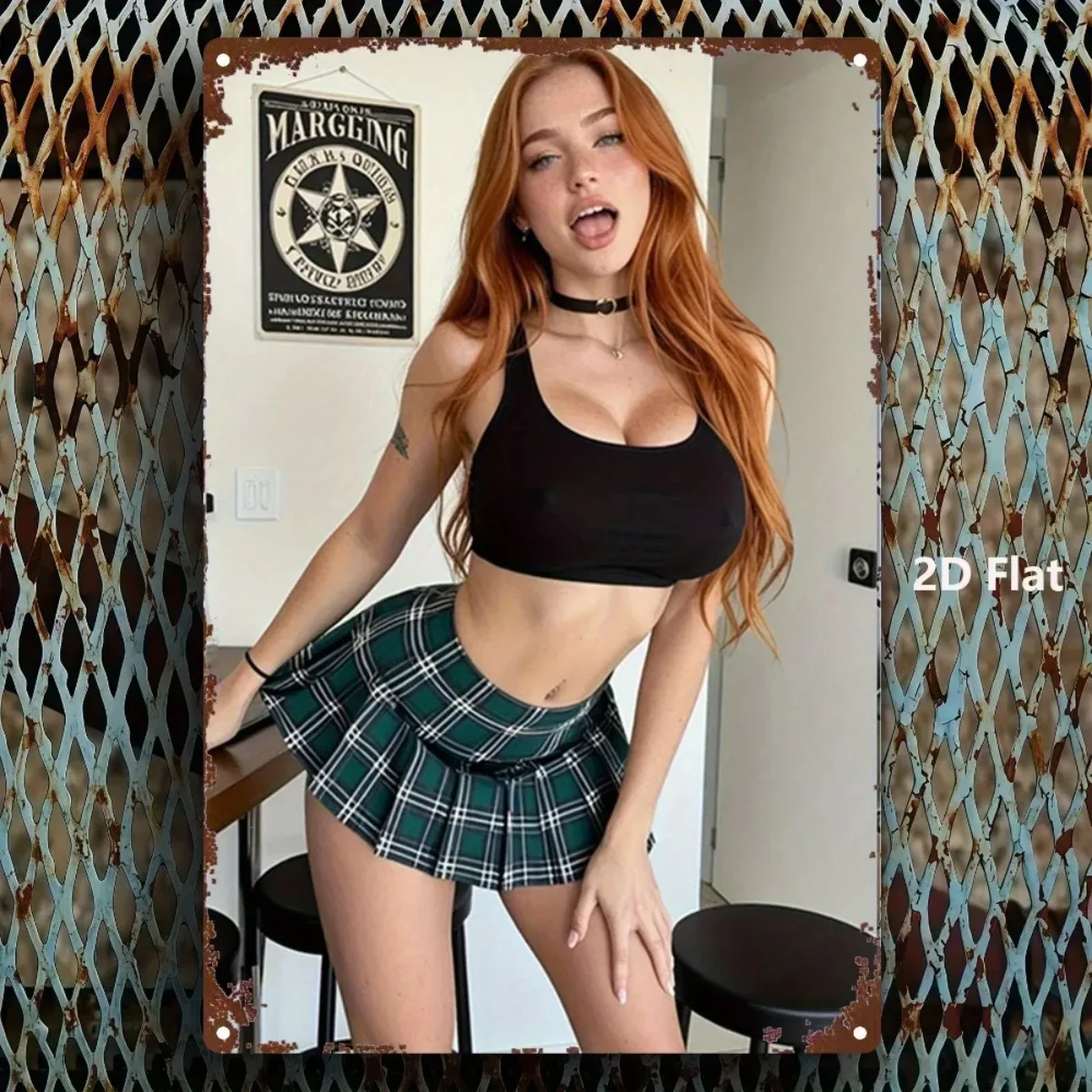 Vintage Metall Wand Kunst Dekor Retro Rot Haar Dame Plaid Rock Eisen Hängen Poster Home Office Bar Dekor