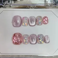 10pcs Handmade Purple Cat Eye Press on Nails with Cute Heart Glitter Design Fake Nails Short Round Nail Tip Wearable False Nails