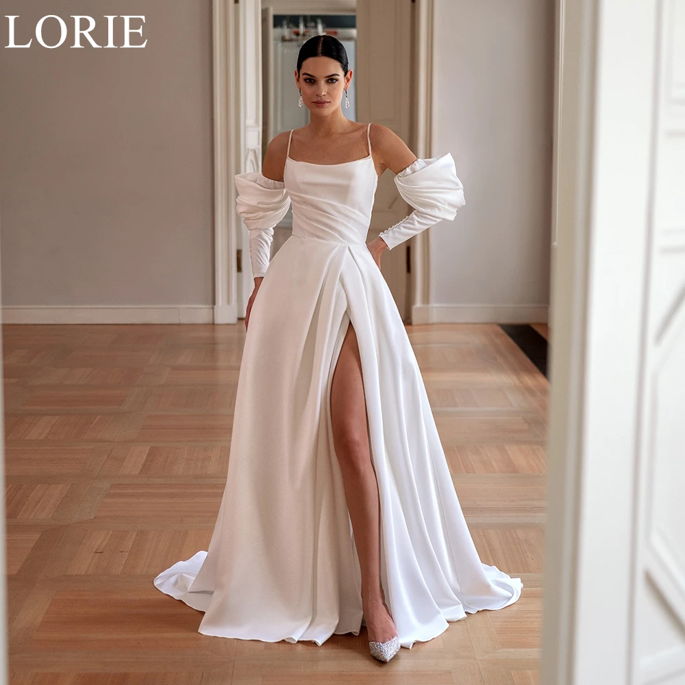 LORIE Elegant A-Line ชุดแต่งงาน Scoop สปาเก็ตตี้ Draped Side Slit จีบเจ้าสาวชุดราตรี 2025 ชุดเจ้าสาวที่กําหนดเอง