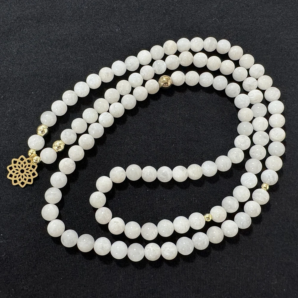 MG2385 Natural 8 MM Moonstone 108 Mala Necklace Womens New Lotus Charm Gemstone Mala Beads Jewelry