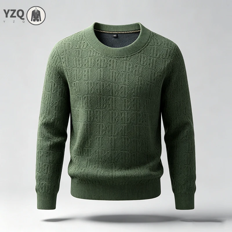 Male Warm Knitted Pullover Round Neck Full Body Letter Pattern Lightweight Fabric Long Sleeve Tops For Daily Social Wear