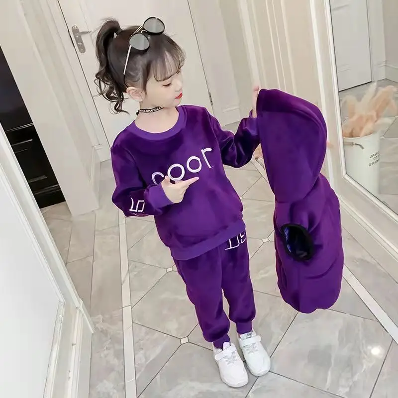 Girls Winter Autumn 3 Piece Set Jacket Child Clothing for Velvet Vest Warm Top Cotton Pants Kid Coats with Hooded Outerwear Suit