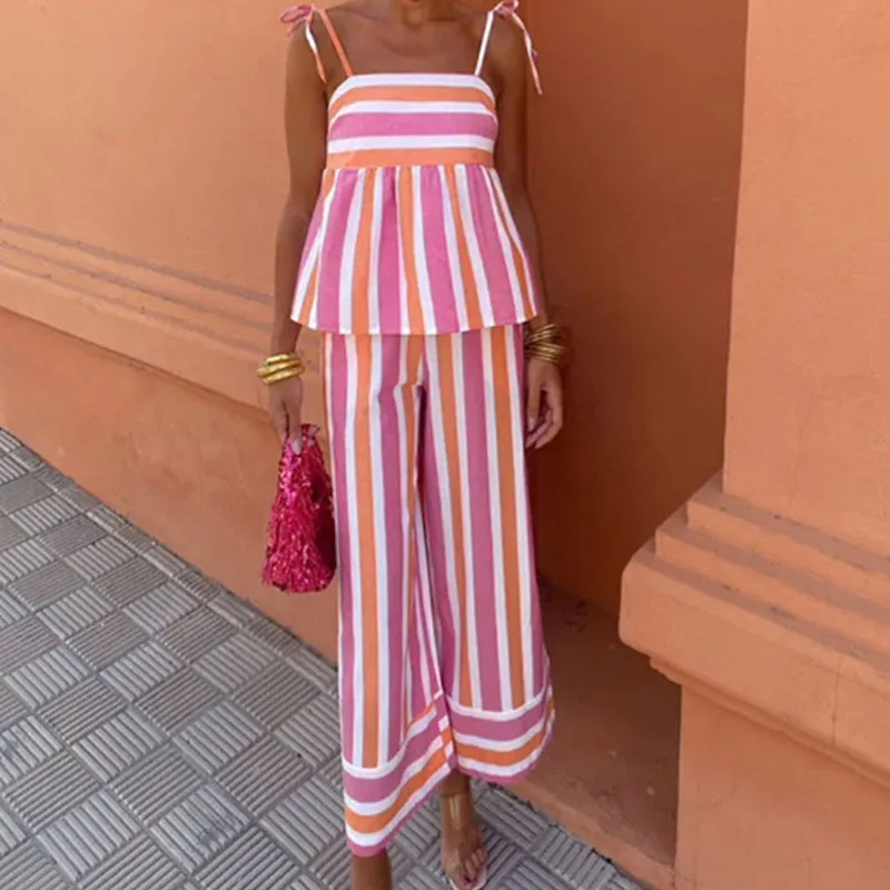 

Fashion Striped Print High Street Set Female Slash Neck Sling Top+Straight Trousers Set Summer Contrast Color Vacation Beach Set