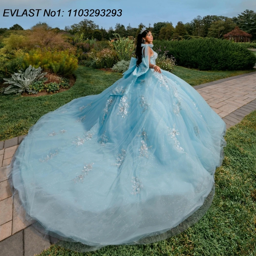 

EVLAST Customized Shiny Sage Quinceanera Dress Ball Gown Lace Applique Crystal Beaded Bow Sweet 16 Vestidos De 15 Anos E1QN647