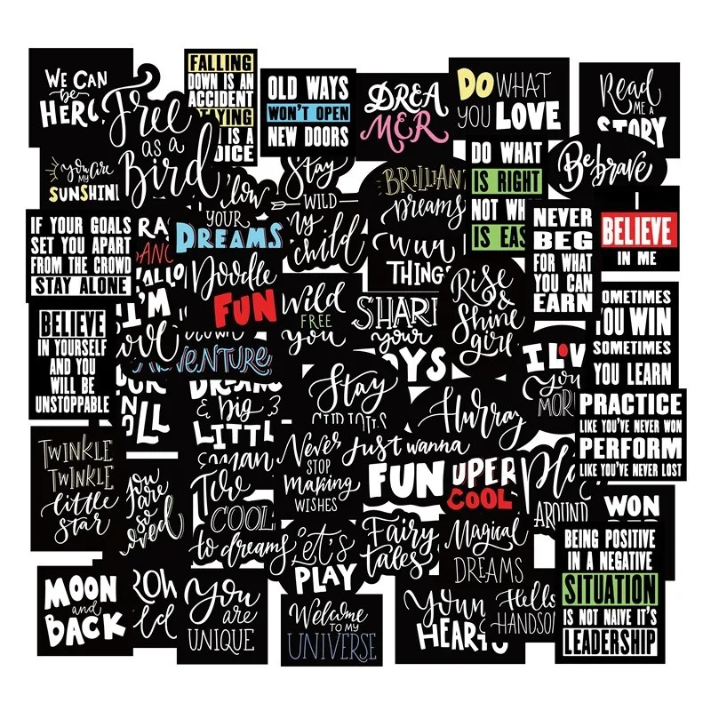 50PCS Instagram Style Black and White English Motivational Phrases Graffiti Stickers for Bicycle Hand Account Pencil Case Decals