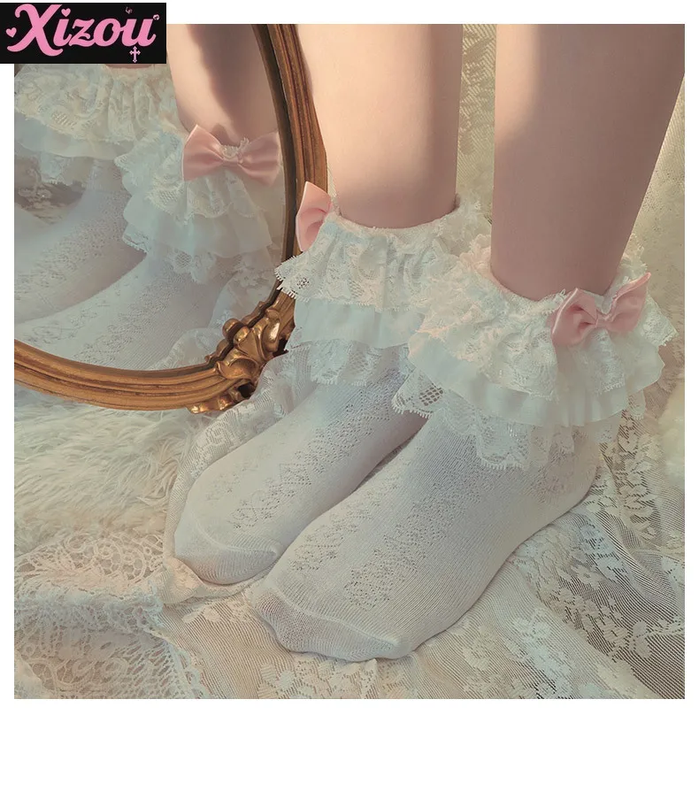 Japanese Sweet Cute Pink Lolita Lace Bow Cotton Bunching Socks Beautiful Fairy Women Girls Lace Socks for Spring and Autumn