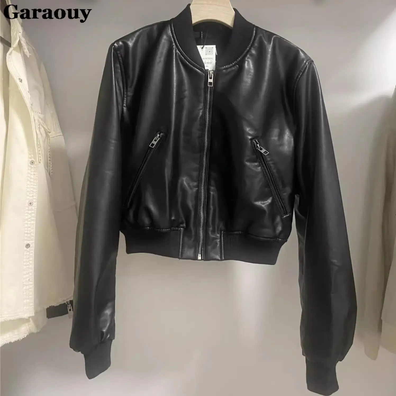 Garaouy 2023 Women Faux Leather Short Motorcycle Jacket Chic Vintage PU Zip Baseball Jackets Coats Y2k Outwear Femme Streetwear