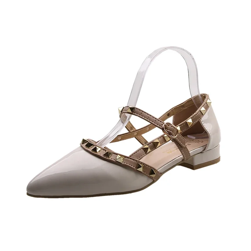 2024 Brand Women\'s Shoes Pointed Toe Low Heels Sandals Women Fashion Rivet Causal Dress Shoes Woman Elegant Thick Heels Shoe