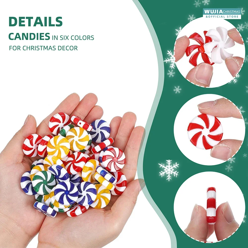 50pcs New Year Acrylic Candy DIY Xmas Tree Hanging Christmas Fake Candies Peppermint Ornaments for Holiday Party Decor Supplies