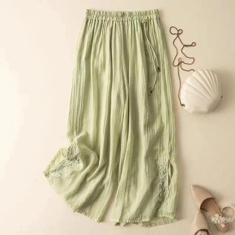 

Retro Art National Style Embroidered Cotton and Linen Wide Leg Pants Women's Summer Elastic Loose Split Casual Cropped