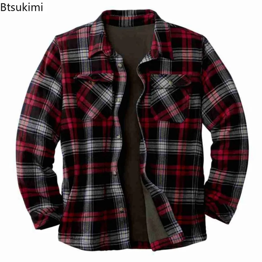 Autunno inverno classico Plaid camicie da uomo in pile a maniche lunghe cappotti caldi con tasche camicia Casual allentata giacca maschile