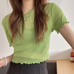 여자 Y2k 용수철 여름 미니 짧은 크롭탑, 탄성 메쉬 티셔츠, 퍼플 그린 핑크 화이트 살구색 컬러, 카와이 옷
