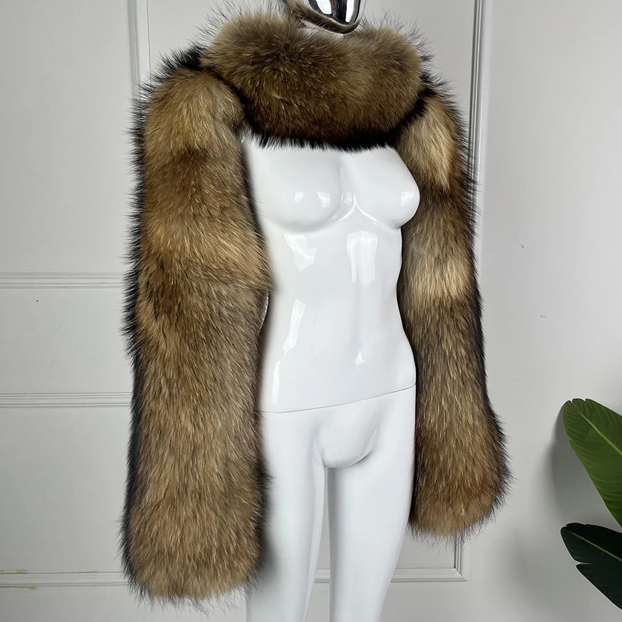 

Women's Real Raccoon Fur Coat Cropped Fur Coat Double Sleeves Jacket Natural Raccoon Fur Outwear New Arrival Fur Shoulder Jacket