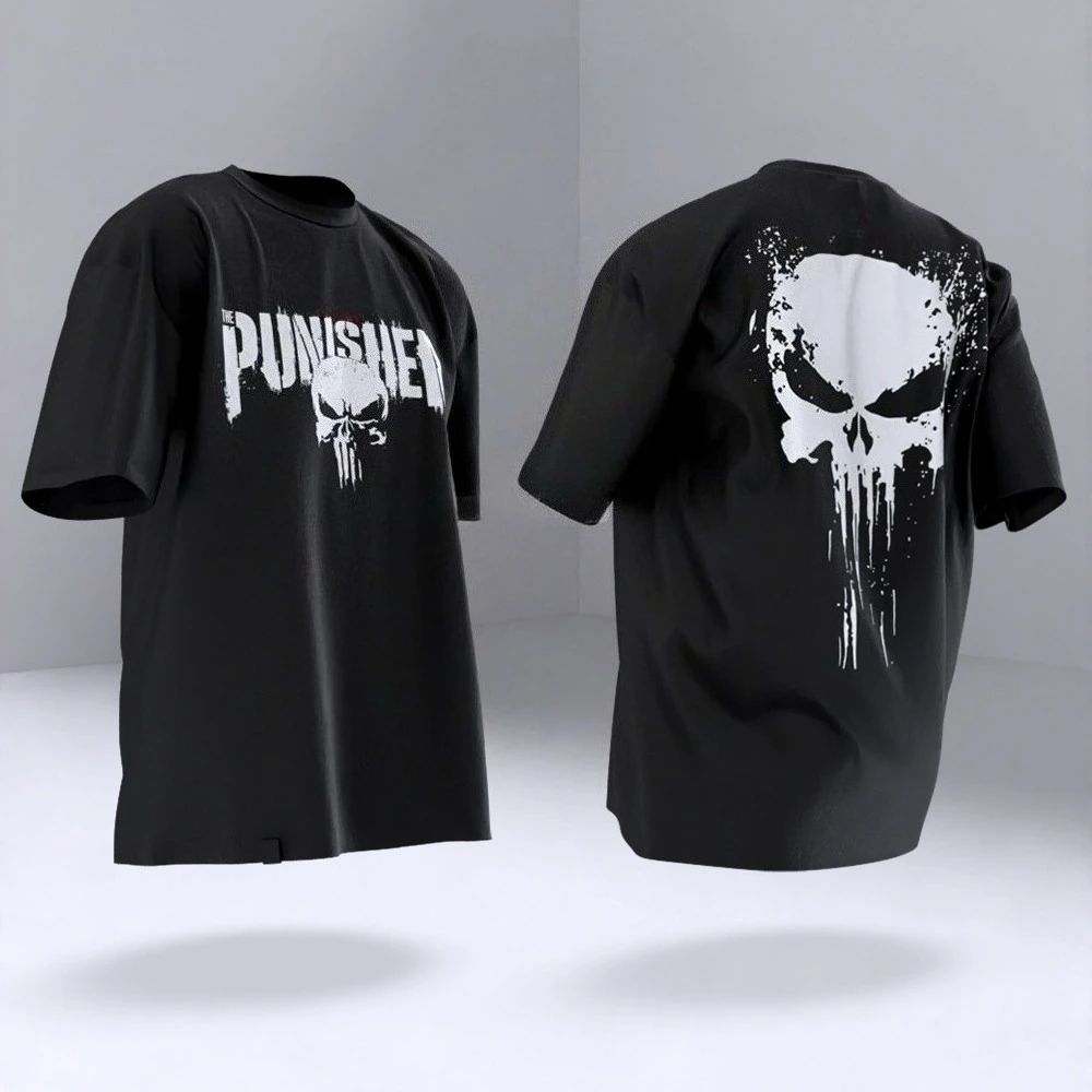 Classic Punisher Skull Oversized Chest Graphic T Shirt Men Summer Cotton Short Sleeve O Neck Casual Black Streetwear Tops - view 5