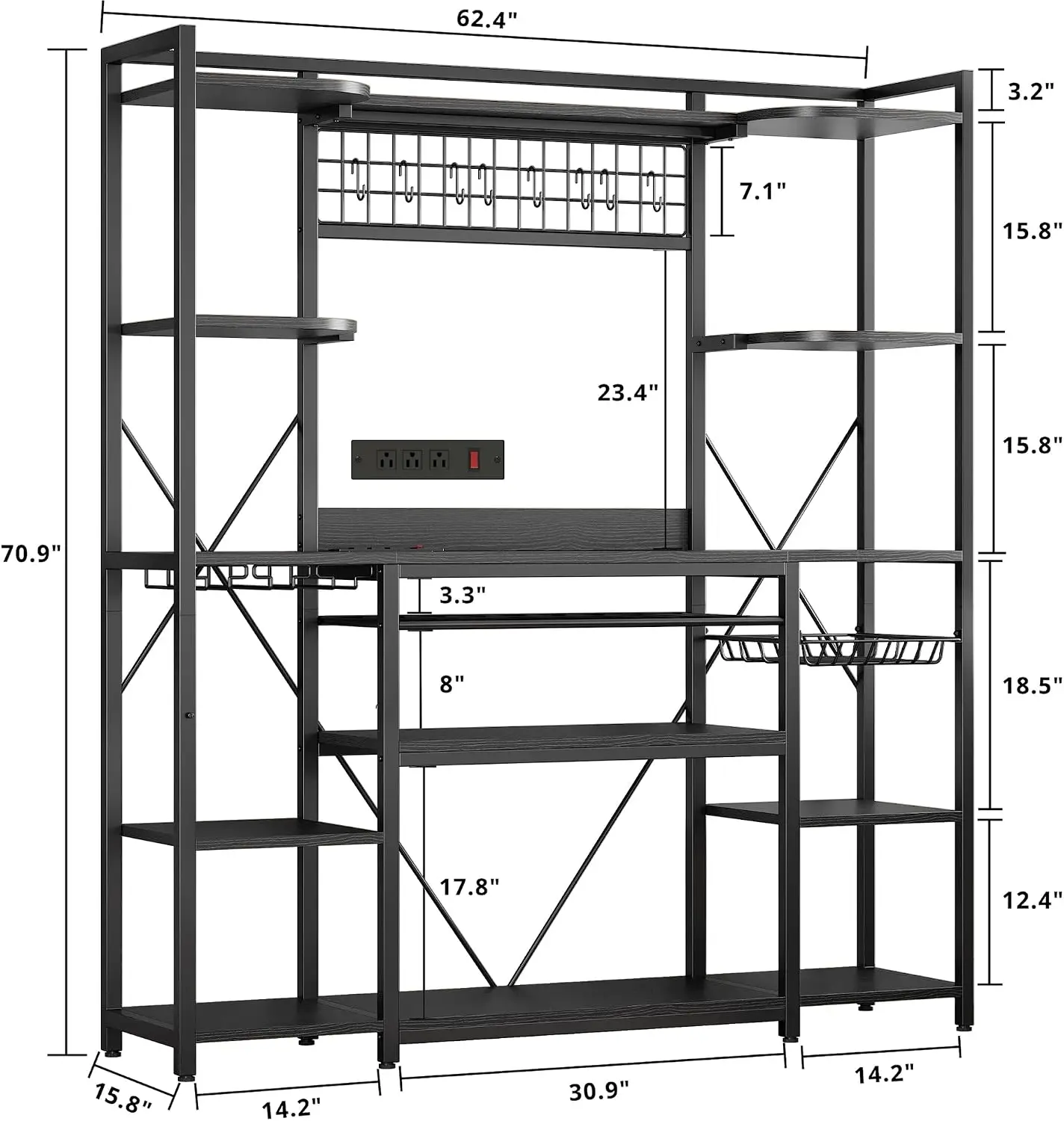 62.4 Inch Bakers Rack Power Outlets Wine Storage 5 Shelves 3 AC Outlets Basket S Hooks