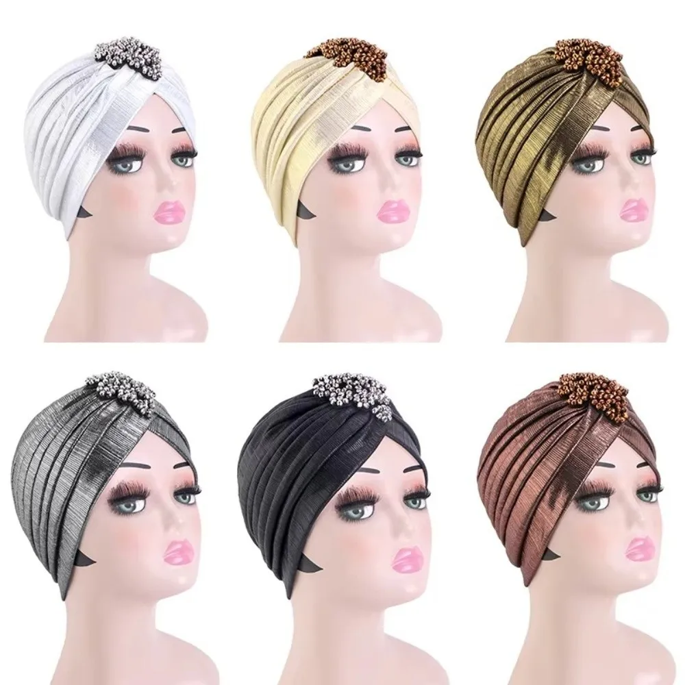 Top Knot Arabischer Nationalhut Perlenverziertes Einfarbiges Ethnisches Kopftuch Elastischer Stretch-Turban Retro Plissiertes Kopftuch – Detail 3