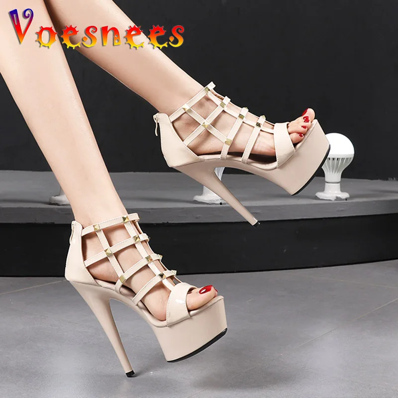 Women Sexy Thin Band Net High Heel With Metal Rivet Sandals Summer Waterproof Platforms Ladies Open-toe Stiletto Zip Party Shoes