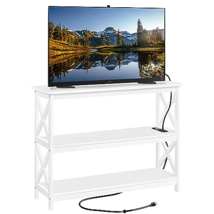 

TV Stand with Power Outlet for TV up to 45 inch 3-Tier Open Storage Shelf Media Console Table in White for Living Roo