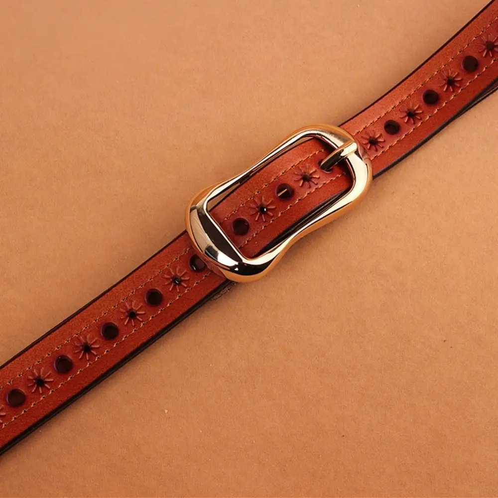 Gold Pin Buckle Hollow Eyelet Belt Oval Metal Buckle Perforated Leather Waist Strap Belt Classic Design Adjustable Multi Hole