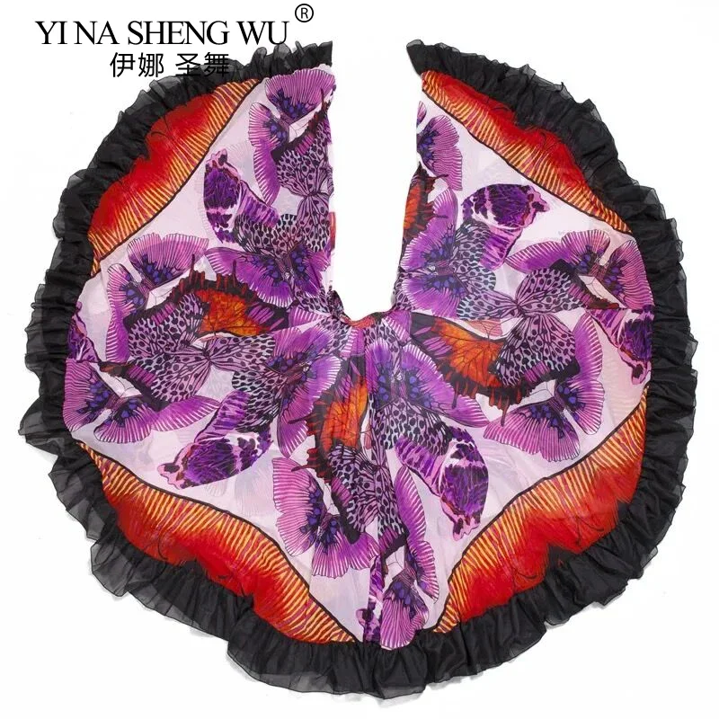

1pc Tribal Gypsy Skirt Belly Dance Performance Butterfly Full Circle Flamenco Skirt Women Belly Dance Chiffon 360 Degrees Skirt