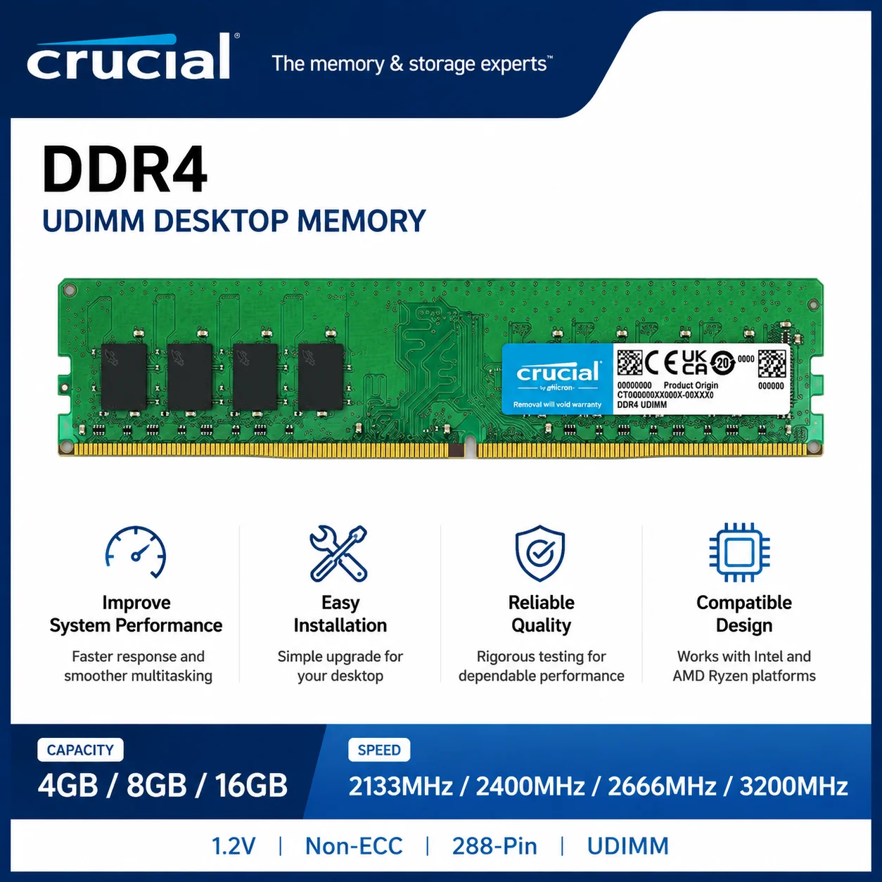 Crucial DDR4 Desktop RAM 4GB 8GB 16GB 2133MHz 2400MHz 2666MHz 3200MHz UDIMM 288Pin PC4 Memory Non-ECC RAM for Intel AMD PC