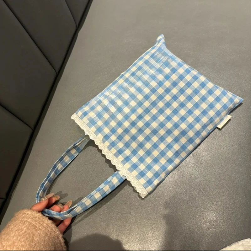 

Blue Checkered Shoulder Bag Sweet Cute Handbag Niche Lace Versatile Girl 2025 New Commuting Bags