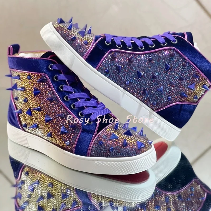 

Purple Studded Toe Colorful Hot Diamond Adorn Sneakers Trendy Men's Street Walking Shoes Round Toe Lace Up Flat Training Shoes