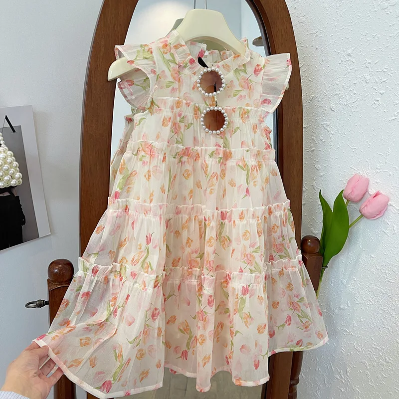 

2024Summer New Girls Dress Thin Flying Sleeves Fashionable Floral Skirt Baby Cute Princess Dress Fashion