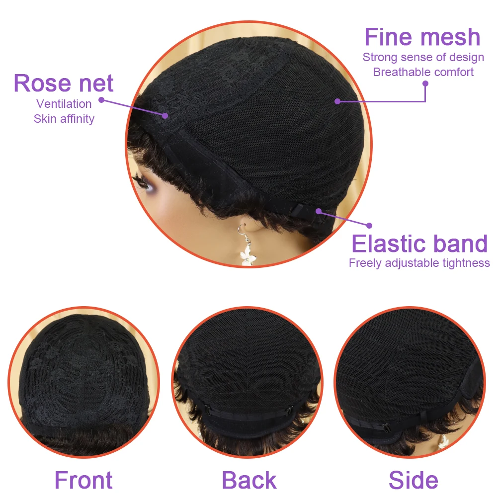 Wig Rambut Manusia Potongan Pendek Pixie Wig Tanpa Lem Warna Hitam Alami Rambut Remy Brasil untuk Wanita Wig Buatan Mesin Penuh