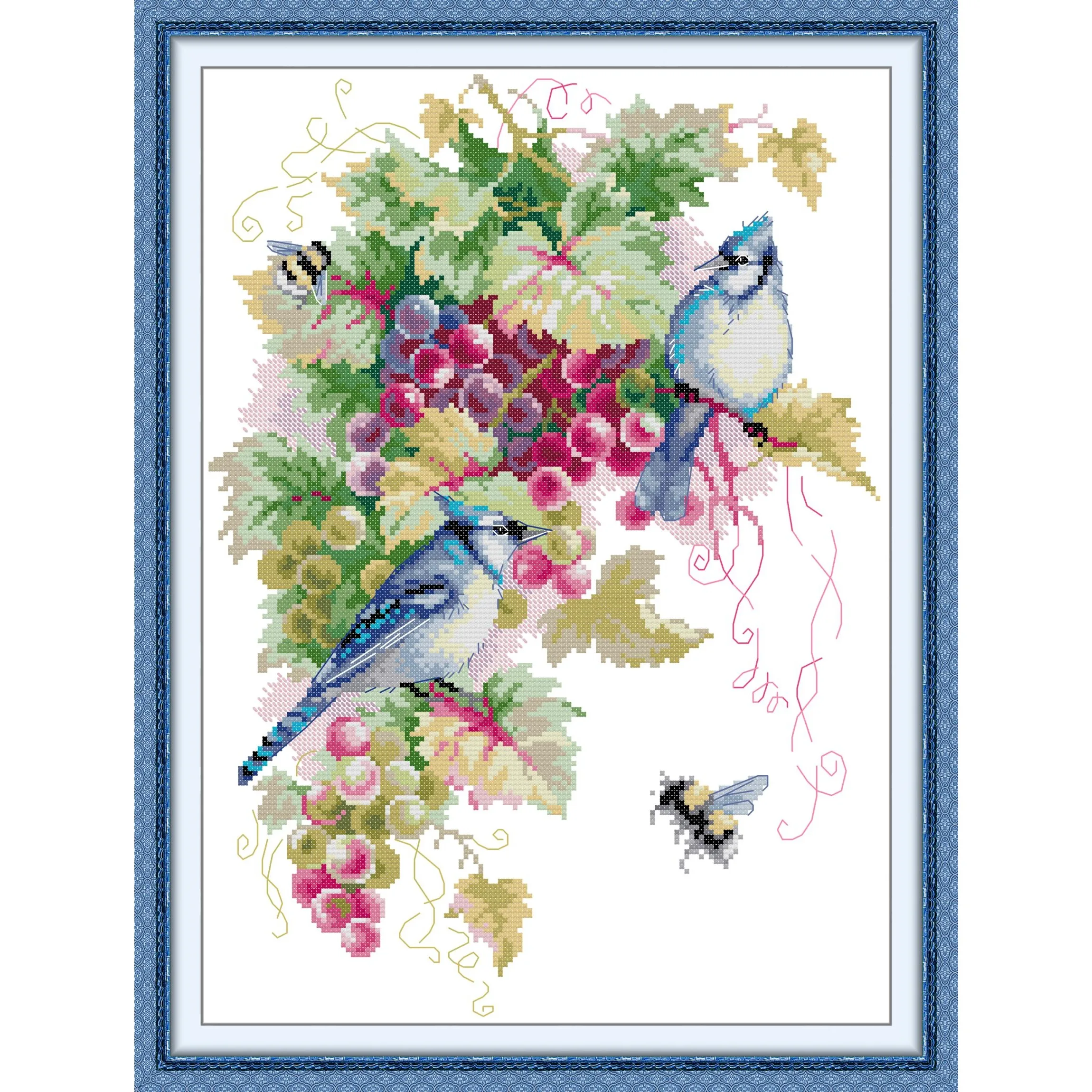 

Soulgift News Pre-Printed Cross Stitch Kit, Stamped Aida Fabric with DMC Threads, Embroidery Kit - Blue Jays and Grapes