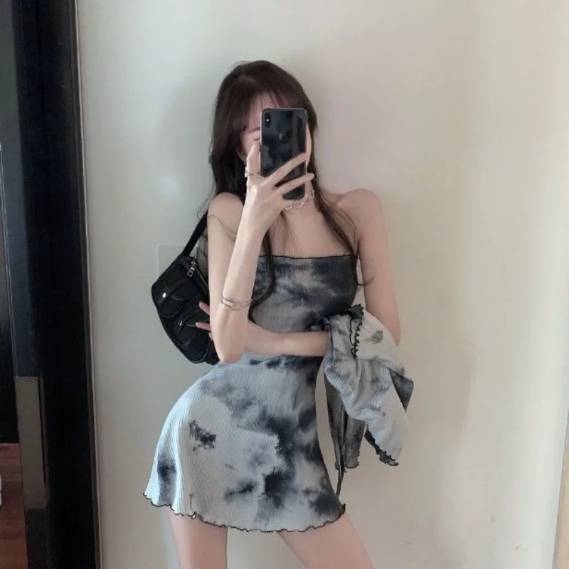 Chic Tie Dye Dress Sets Women Fashion Simple Strapless Frock Girls Sexy Young Popular All-match Lace-up Coats Edible Tree Fungus