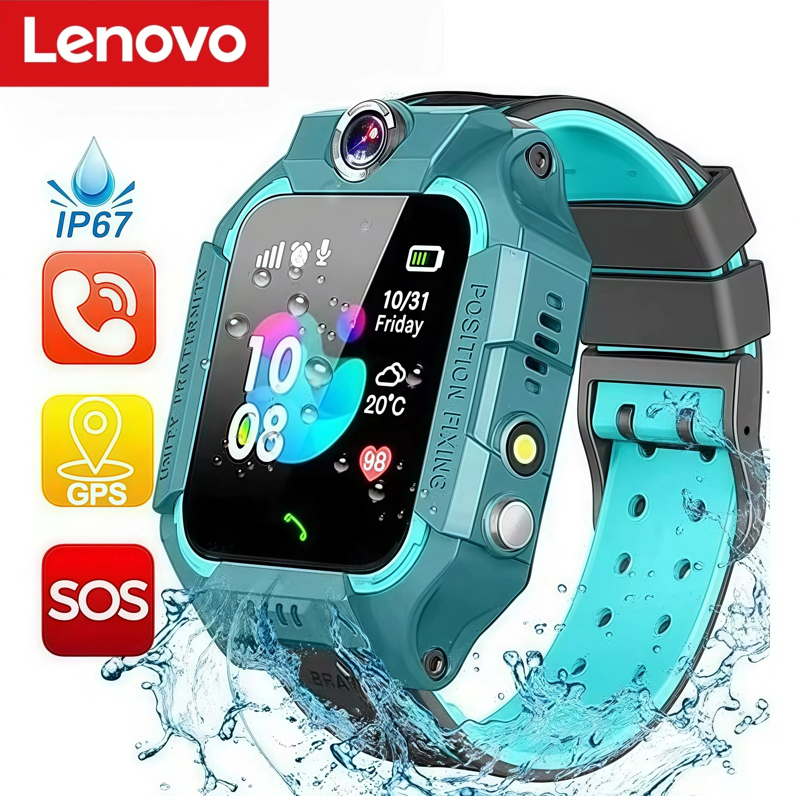 Lenovo Kids Smart Watch SOS GPS Location Sim Card Camera Heart Rate Monitoring Bluetooth Calling Waterproof Gift For Android