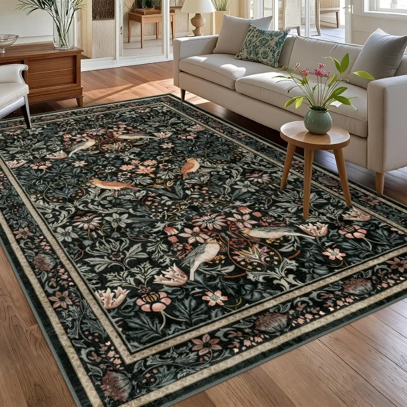 

Retro Living Room Carpet Nordic Style Plant Flower Print Bedroom Rug Large Area Machine Washable Non-slip Coffee Table Mat Tapis