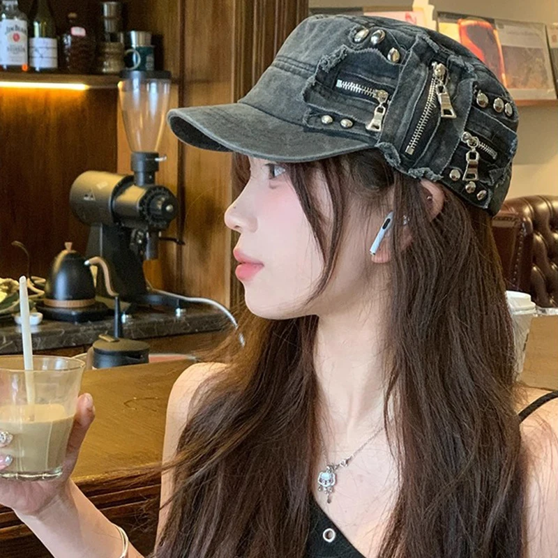 

New Retro Punk Personalized Rivet Zipper Design Y2k Flat Top Baseball Cap Women Spring Summer Fashion Versatile Niche Visors Hat