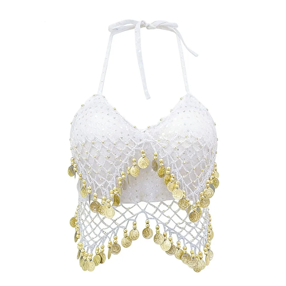 Charming Shiny Belly Dance Bra Halter Neck Tassel Stage Performance Top Dance Wear Sleeveless Sequins Crop Top Stage
