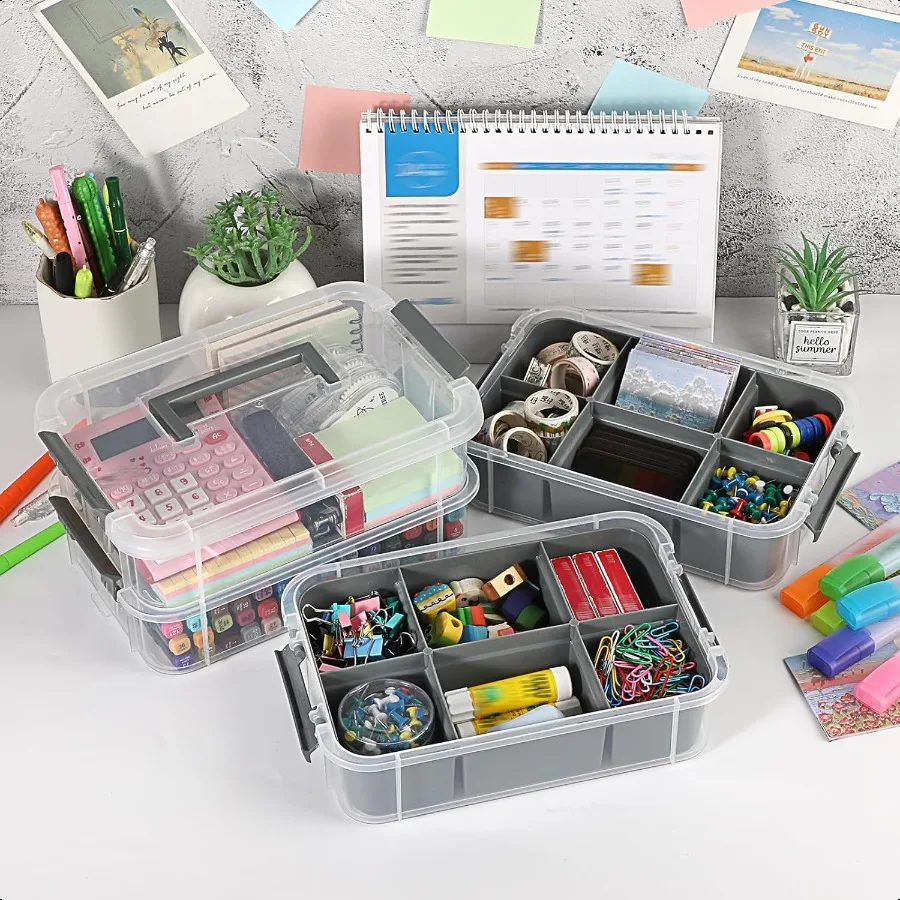 4Tiers Stack Carry Storage Box With 2 Divided Tray Transparent Stackable Storage Bin With Handle Lid Latching Storage Container