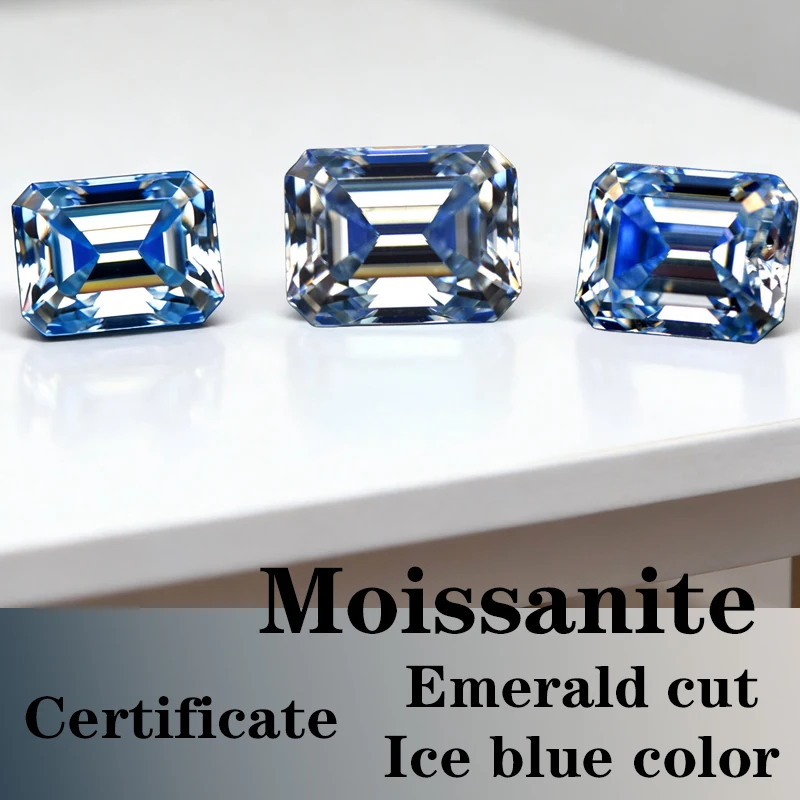 

Moissanite Stone VVS1 Emerald Cut Ice Blue Color Certificate Synthetic Gemstone