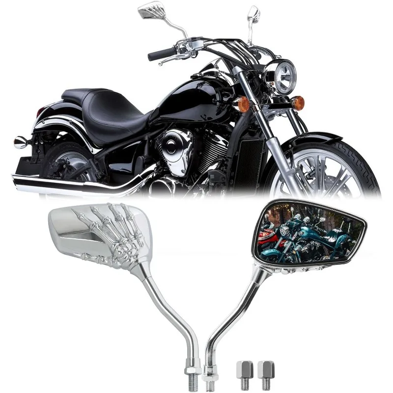 

Chrome 8mm/10mm Motorcycle Skull Skeleton Rearview Side Mirrors Compatible with Honda Yamaha Kawasaki Suzuki Aprilia