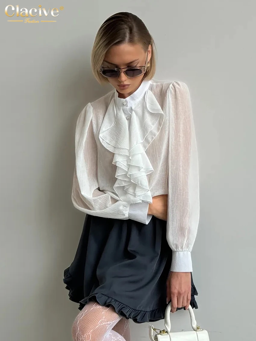 

Clacive Fashion Loose White Women Blouse 2025 Casual Stand Collar Long Sleeve Shirts Elegant Classic Ruffle Top Female Clothing