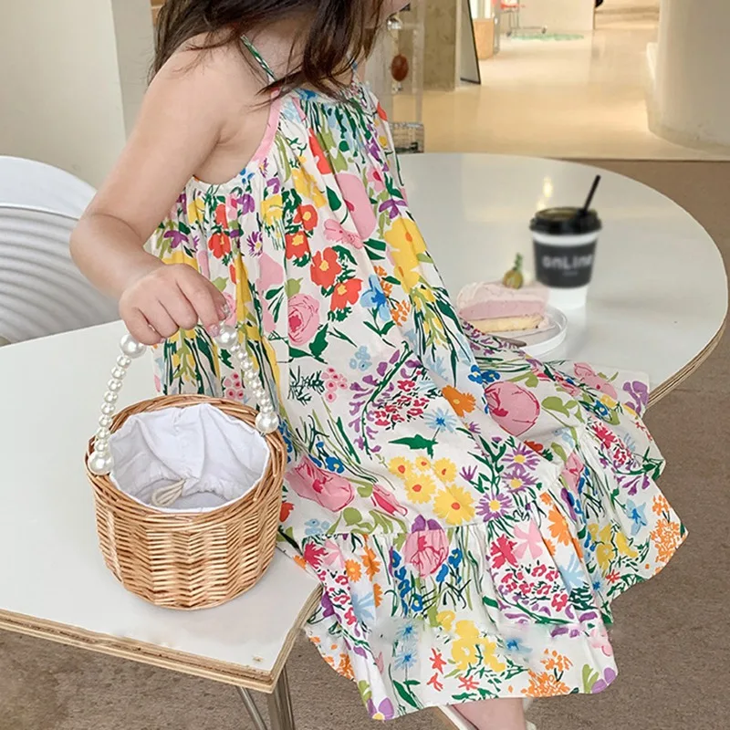 Girls Dress Summer Children\'s Clothing Slip Dress Flowers Printing Toddler Girls Sleeveless Princess Dress Party Clothes