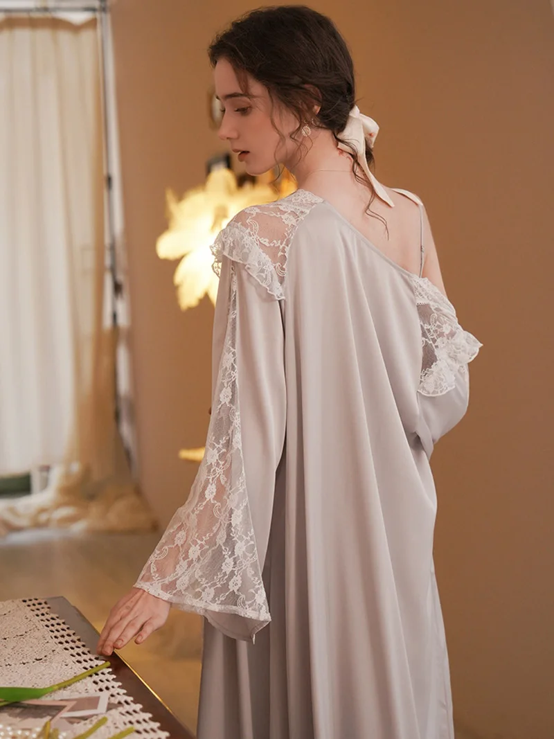 Spaghetti Strap Nightgown Dress Robe Female Sexy Two-piece Set Silk Lace Pajamas Female Spring Summer Victorian Home Clothes