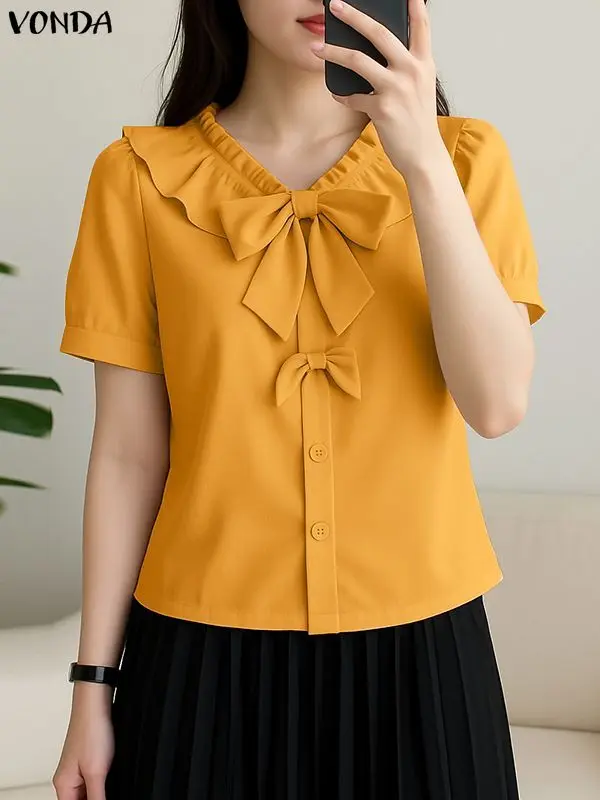 VONDA Elegante Office Lady Camicie Donna Estate Manica corta Colletto con fiocco Tunica Moda Top 2025 Elegante tinta unita Casual Blusas