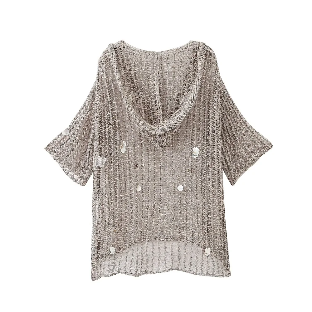 PB&ZA2024 Summer New Product Casual Women\'s Fashion V Tie Hat Hollow Metal Thread Knitted Beaded Cover Up Outer Shirt