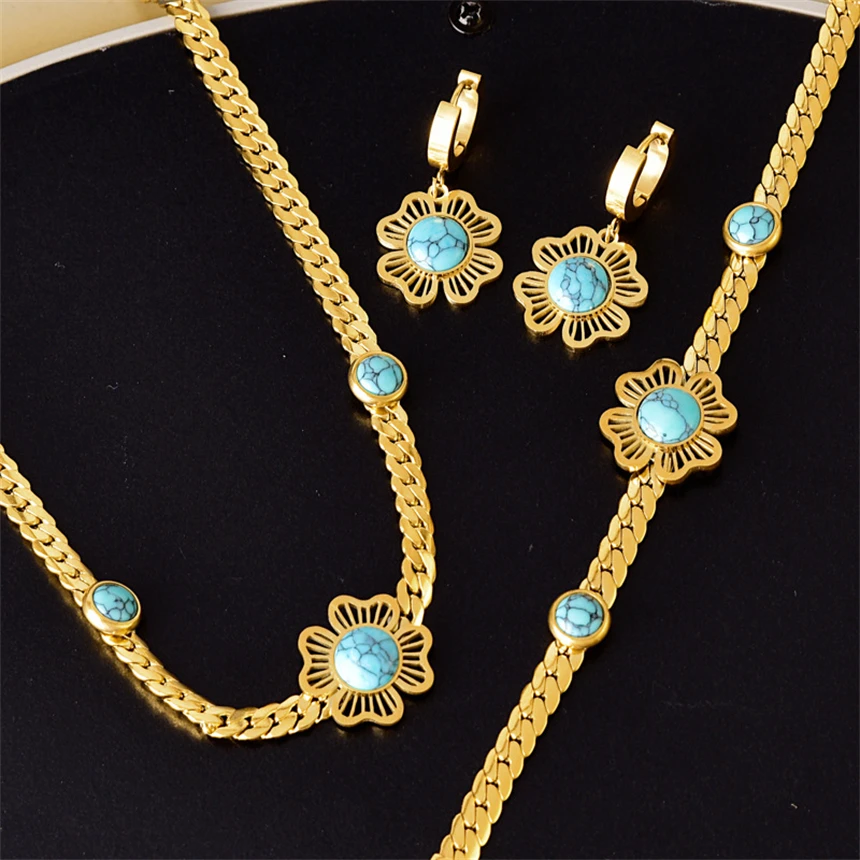 316L Stainless Steel Imitation Turquoise Hollow Flowers Charm Chain Necklaces Bracelets Earring Fashion High Jewelry Party Gifts